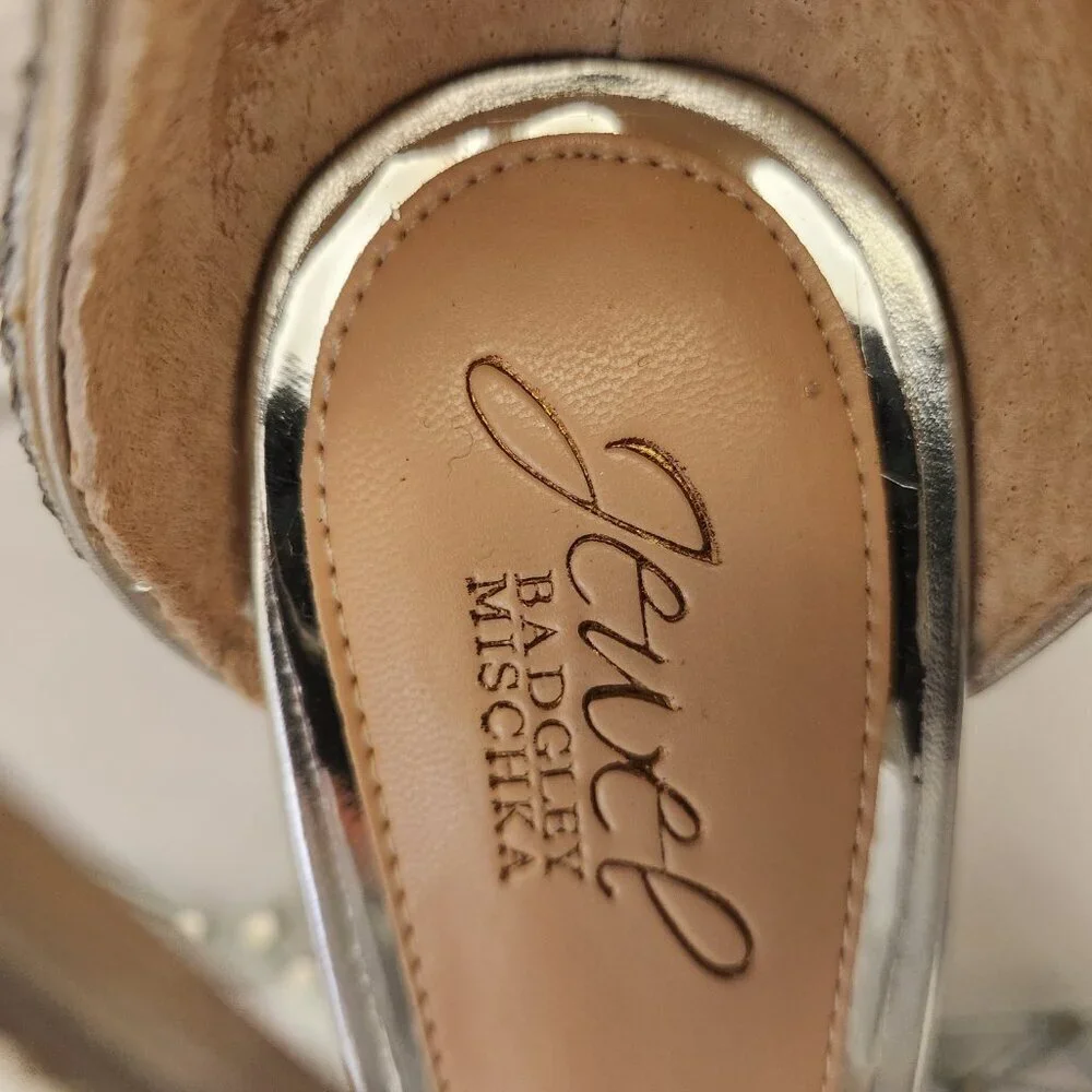 Jewel Badgley Mischka Dimitra Heeled Sandals Silver Glitter. Size Various. NIB
